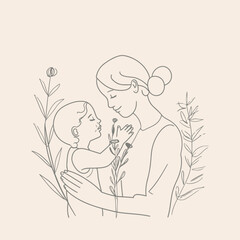 Vector line art mother and kid with flowers