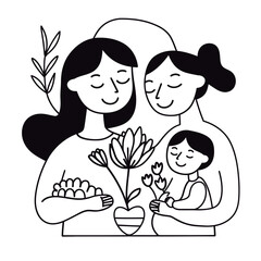 Vector line art mother and kid with flowers