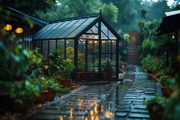 Atmospheric image of a small greenhouse during a gentle rain