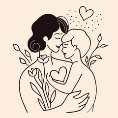 Vector line art mother and kid with flowers