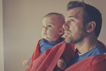 A father and baby wearing matching superhero capes, ready to save the day