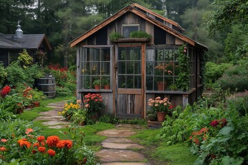 Small, rustic greenhouse in sharp focus nestled in the corner of a lush private garden