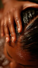 Close up, detailed view of a person receiving a therapeutic scalp massage in a serene spa environment