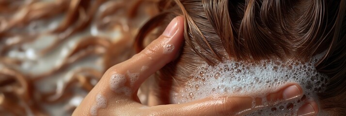 Close up of hands gently massaging a hydrating conditioner into long, damp hair.