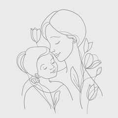 Vector line art mother and kid with flowers
