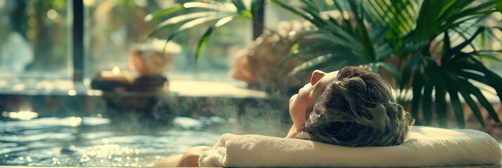 Serene spa - person sits with a deep conditioning mask applied to their hair, wrapped in a warm, fluffy towel