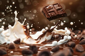 decadent chocolate and milk splashing together indulgent liquid art photography digital ilustration - obrazy, fototapety, plakaty