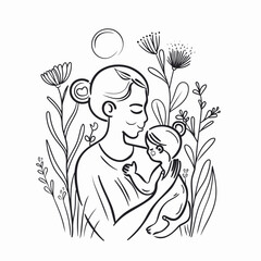 Vector line art mother and kid with flowers