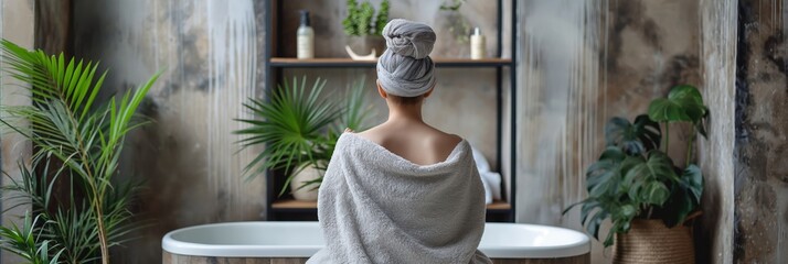 A woman is sitting in front of a bathtub with a towel draped over her shoulders