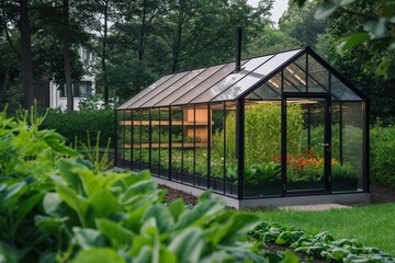 Modern, minimalist small greenhouse constructed with sleek metal frames and full length glass panels