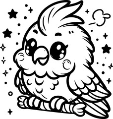 Cute little parrot black outline children coloring book.