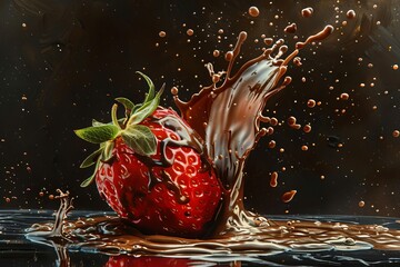delectable chocolatedipped strawberry with liquid splash indulgent dessert still life painting - obrazy, fototapety, plakaty