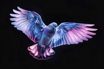 dove flying isolated on black background with majestic wing spread digital ilustration