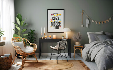 Warm and cozy living room interior with mock up poster frame, cozy bed, gray bedding, rattan chair, black vanity table, candle, white lamp, mirror and personal accessories. Home decor. Template.