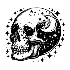 Black and white illustration of a skull with a crescent moon and stars in the background, evoking a mystical and eerie theme.