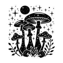 Black and white illustration of mystical mushrooms surrounded by stars, evoking an enchanting and whimsical theme.