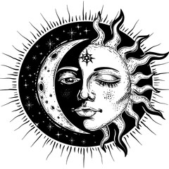 Black and white illustration of a sun and moon with human faces, surrounded by stars, depicting a cosmic and mystical theme.