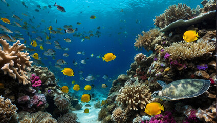 Naklejka na ściany i meble coral reef in the sea, coral reef with fish,coral reef and fish