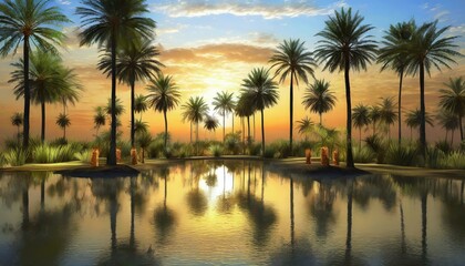 Fototapeta na wymiar A majestic oasis in the heart of a vast desert at sunset. The scene includes tall palm trees 
