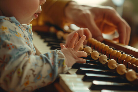 A cute father and baby's fingers holding a musical instrument, exploring sounds.