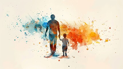 Silhouette of Father and child in Vibrant Watercolor