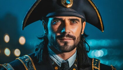Obraz premium A portrait of a futuristic pirate captain, blending traditional pirate elements with sci-fi