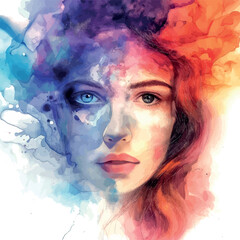Abstract beautiful woman face drawn with watercolor