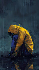 Młoda osoba w żółtej kurtce i niebieskich spodniach w mrocznym otoczeniu z depresją - obrazy, fototapety, plakaty