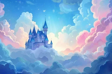 Zelfklevend Fotobehang enchanted fairy tale castle in the clouds dreamy fantasy landscape illustration © Lucija