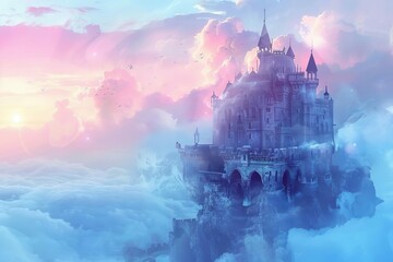 enchanted fairy tale castle in the clouds dreamy fantasy landscape illustration - obrazy, fototapety, plakaty