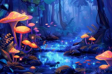 Fototapeta na wymiar enchanted forest stream with glowing mushrooms magical fantasy nature illustration