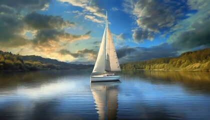 a sailboat on a lake with calm blue water at sunset with beautiful clouds, scenic, landscape