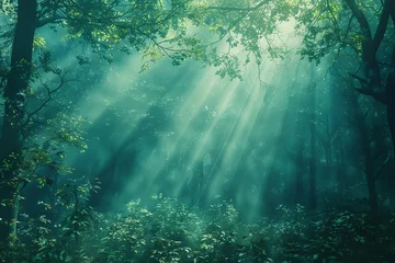 Crédence de cuisine en verre imprimé Forêt des fées enchanted misty forest with sunbeams filtering through trees dreamy fantasy landscape illustration