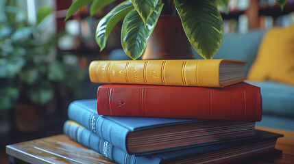 Macro shot of a stack of colorful books on a coffee table, modern interior design, scandinavian style hyperrealistic photography
