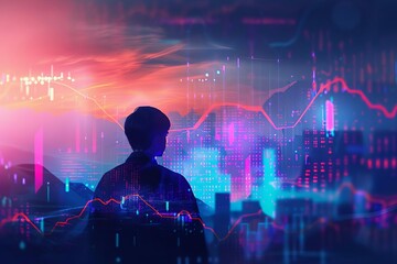 Fototapeta na wymiar futuristic businessman analyzing financial data in panoramic digital landscape digital ilustration