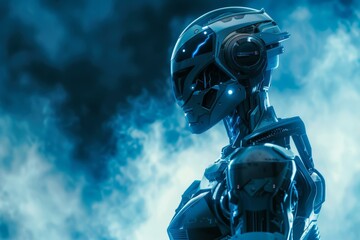 Futuristic Robot Head Profile, Blue White Background, Artificial Intelligence Concept