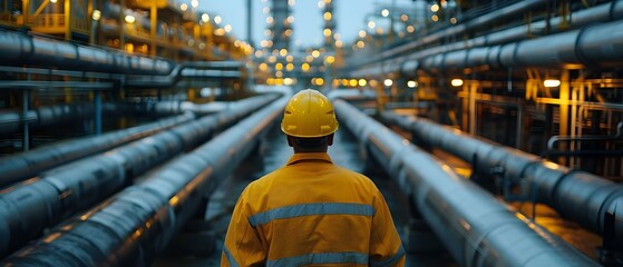 Industrial Symphony: Engineer Amidst Refinery Pipes. Concept Industrial Environment, Factory Work, Engineering Design, Refinery Machinery, Pipe Networks - obrazy, fototapety, plakaty