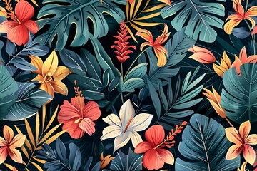 tropical seamless background in bright colors of pink, yellow and green with exotic leaves