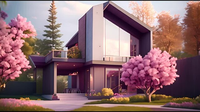 Spring flower garden with modern house exterior landscape design . Beautiful flower bed blossoming. Vibrant and colourful flower garden.