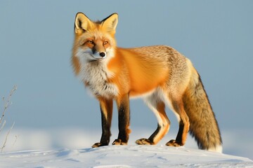 Fototapeta premium a very cute and pretty red fox standing on top of some snow