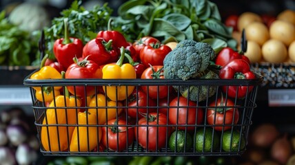 the produce is in a black basket on the shelf next to the fruits and vegetables