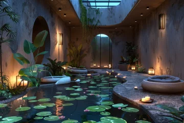 Foto op Canvas Tranquil spa setting at dusk with water lilies and floating candles © alphaspirit