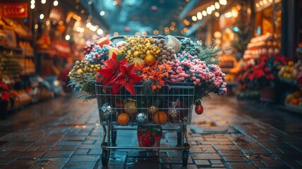a shopping cart with flowers is in the aisle of a store - obrazy, fototapety, plakaty