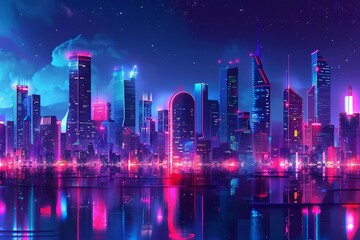 futuristic neon city skyline at night vibrant cyberpunk cityscape digital illustration - obrazy, fototapety, plakaty