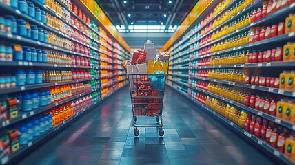 an empty grocery cart filled with various bottled drinks in a store aisle - obrazy, fototapety, plakaty