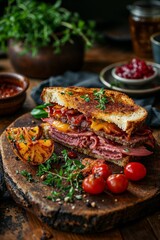 Gourmet Roast Beef Sandwich on Rustic Wooden Board