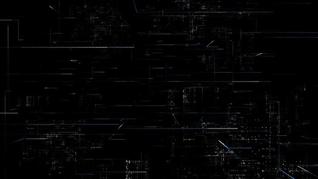 Animation of a futuristic, abstract, and dynamic pattern of blue streaks against a dark background.