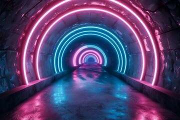 futuristic neon lights illuminating concrete tunnel scifi 3d illustration - obrazy, fototapety, plakaty