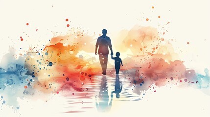 Silhouette of Father and child in Vibrant Watercolor