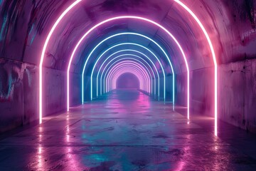 futuristic neon lights illuminating concrete tunnel scifi 3d illustration